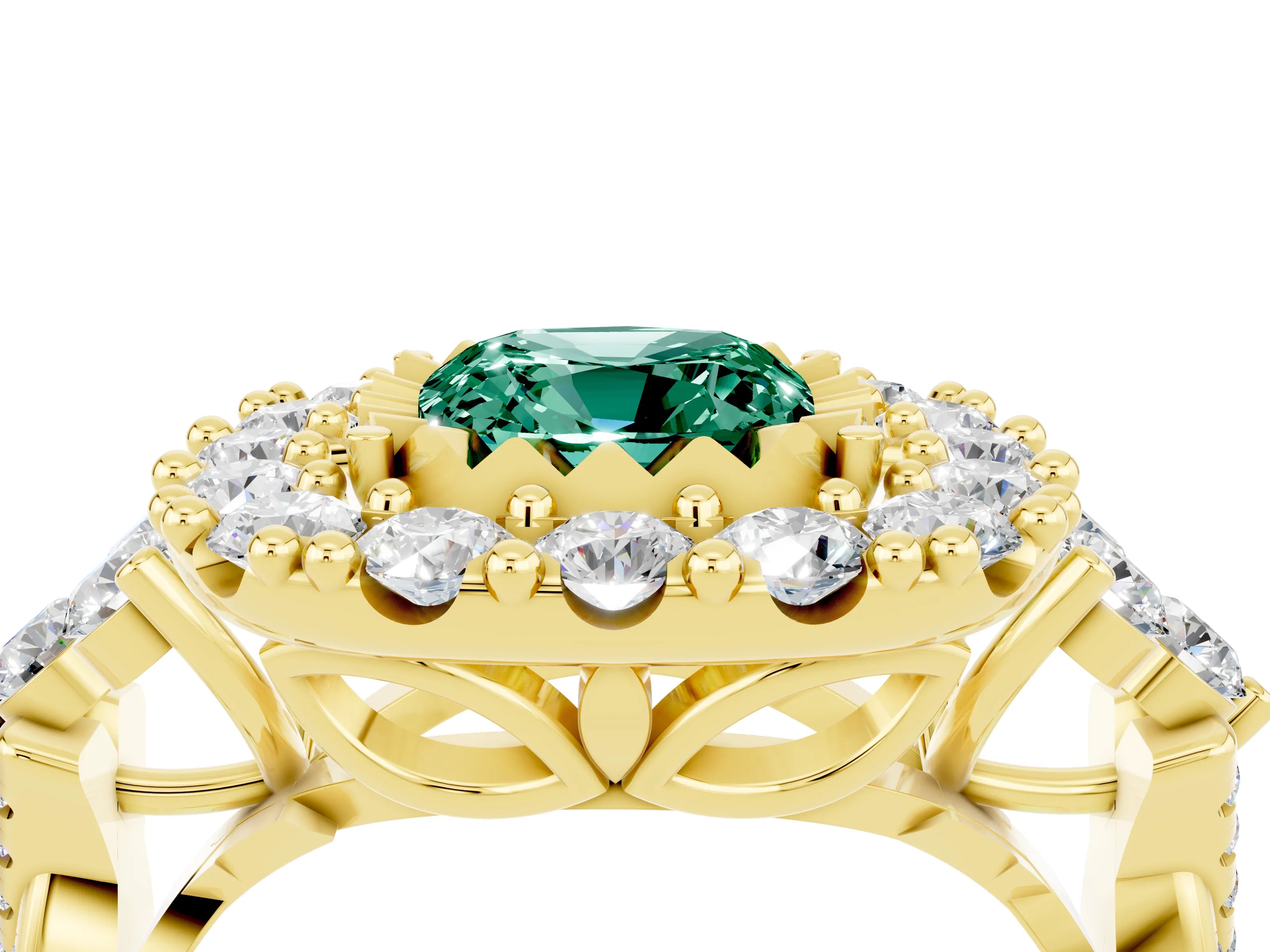 Yellow gold Cushion Cut Green Sapphire Halo Ring with Pavé Band and Four-Prong Setting_16