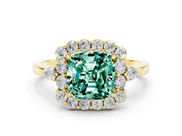 Yellow gold Cushion Cut Green Sapphire Halo Ring with Pear Side Stones and Prong Setting