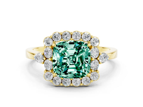 Yellow gold Cushion Cut Green Sapphire Halo Ring with Pear Side Stones and Prong Setting_12