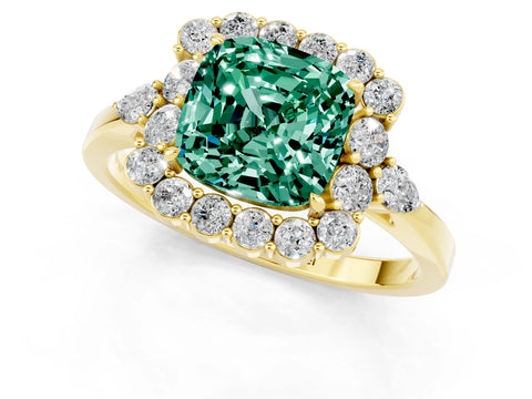 Yellow gold Cushion Cut Green Sapphire Halo Ring with Pear Side Stones and Prong Setting_13