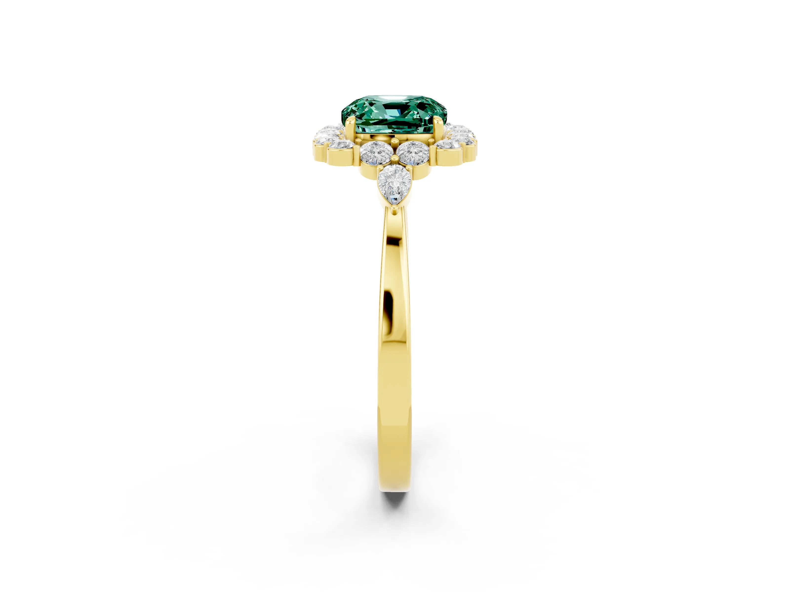 Yellow gold Cushion Cut Green Sapphire Halo Ring with Pear Side Stones and Prong Setting_14