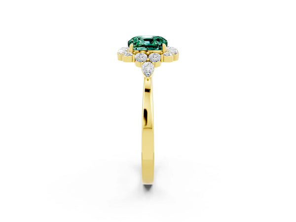 Yellow gold Cushion Cut Green Sapphire Halo Ring with Pear Side Stones and Prong Setting