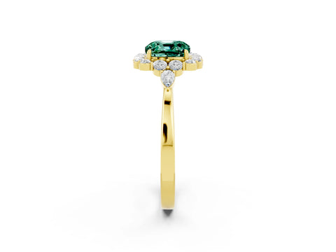 Yellow gold Cushion Cut Green Sapphire Halo Ring with Pear Side Stones and Prong Setting_14