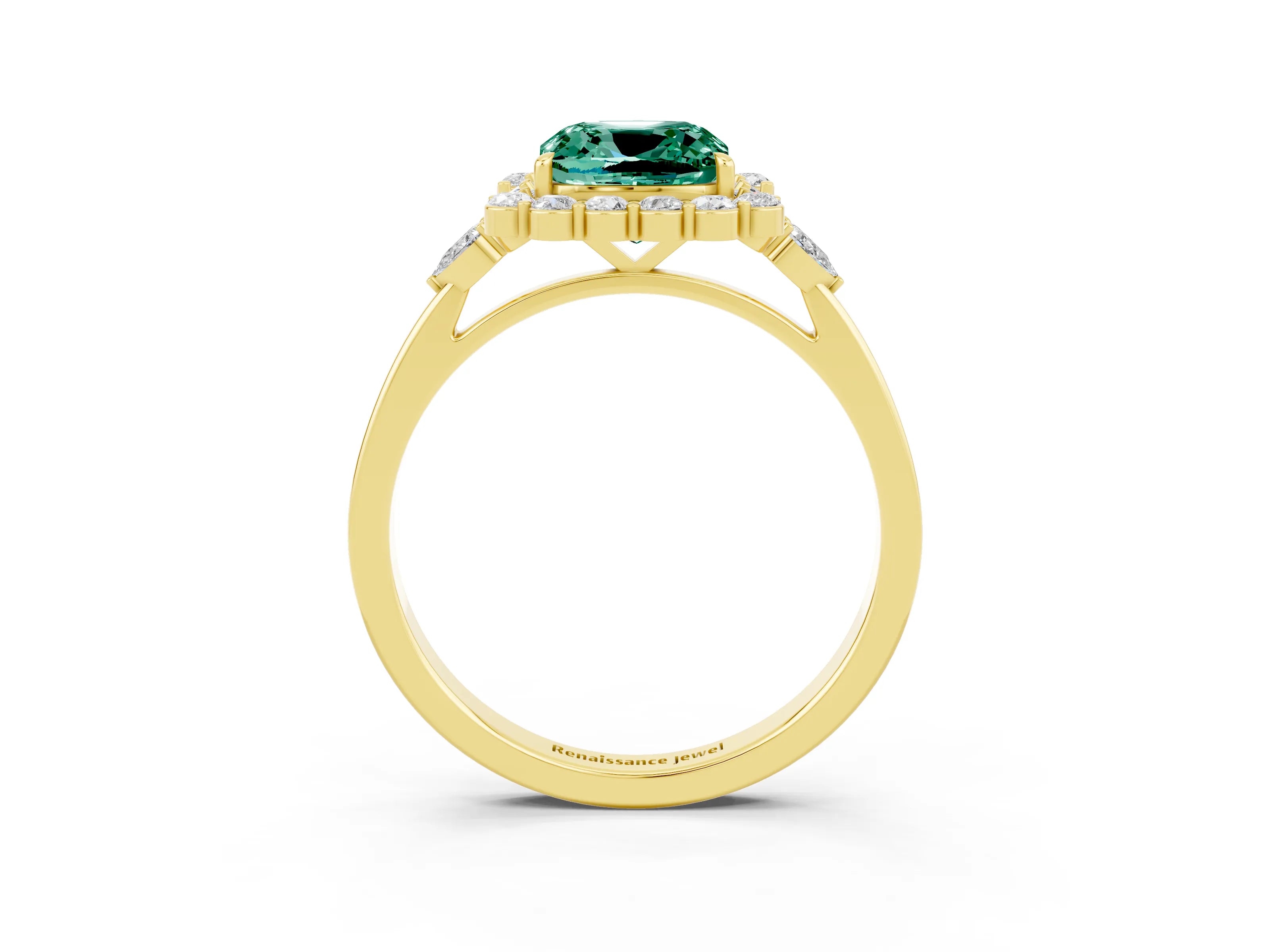 Yellow gold Cushion Cut Green Sapphire Halo Ring with Pear Side Stones and Prong Setting_15