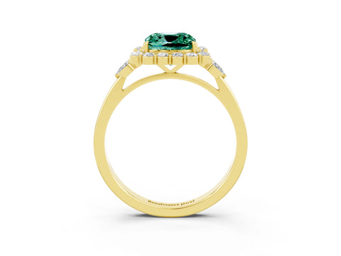 Yellow gold Cushion Cut Green Sapphire Halo Ring with Pear Side Stones and Prong Setting_15