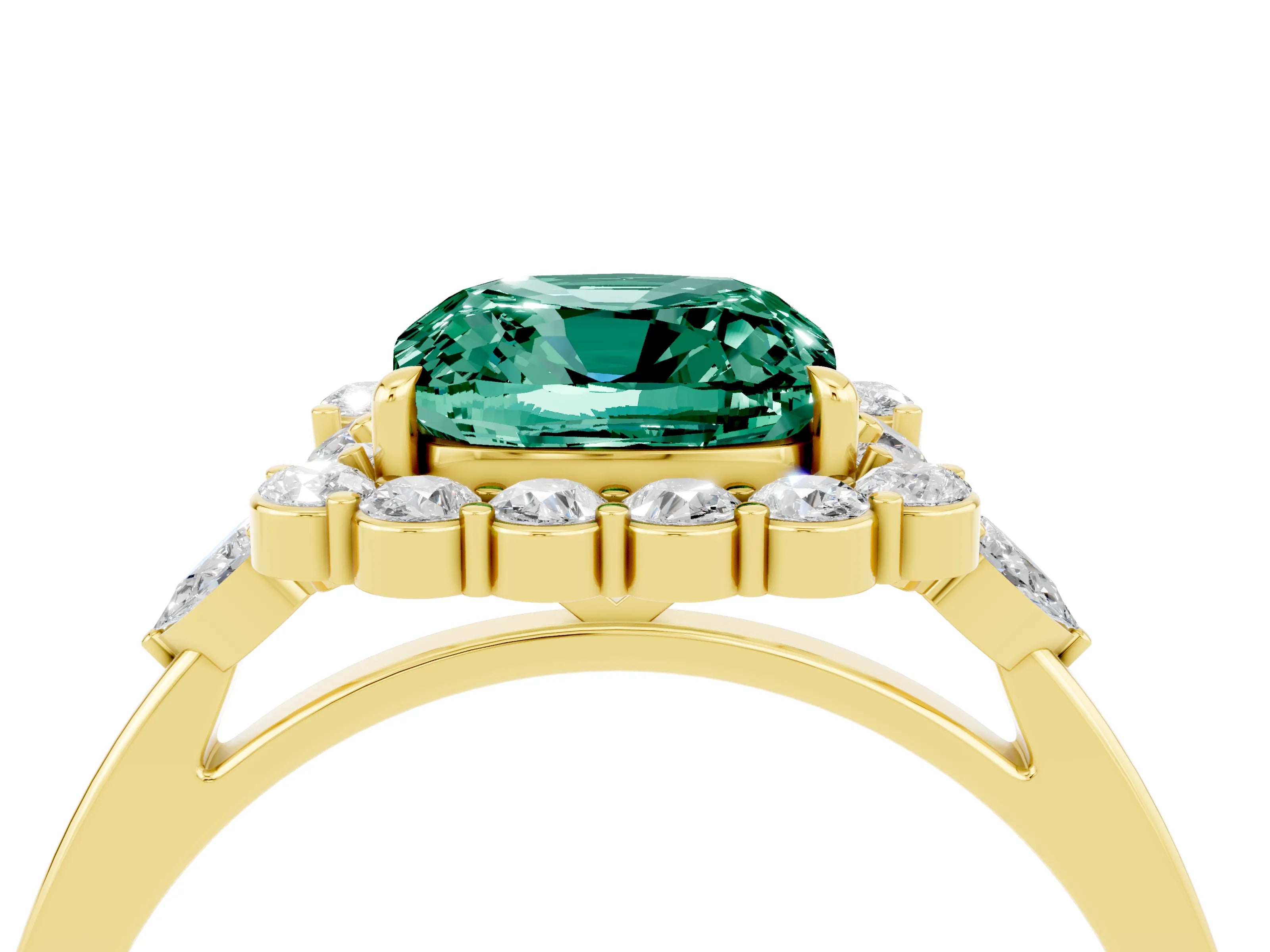 Yellow gold Cushion Cut Green Sapphire Halo Ring with Pear Side Stones and Prong Setting_16