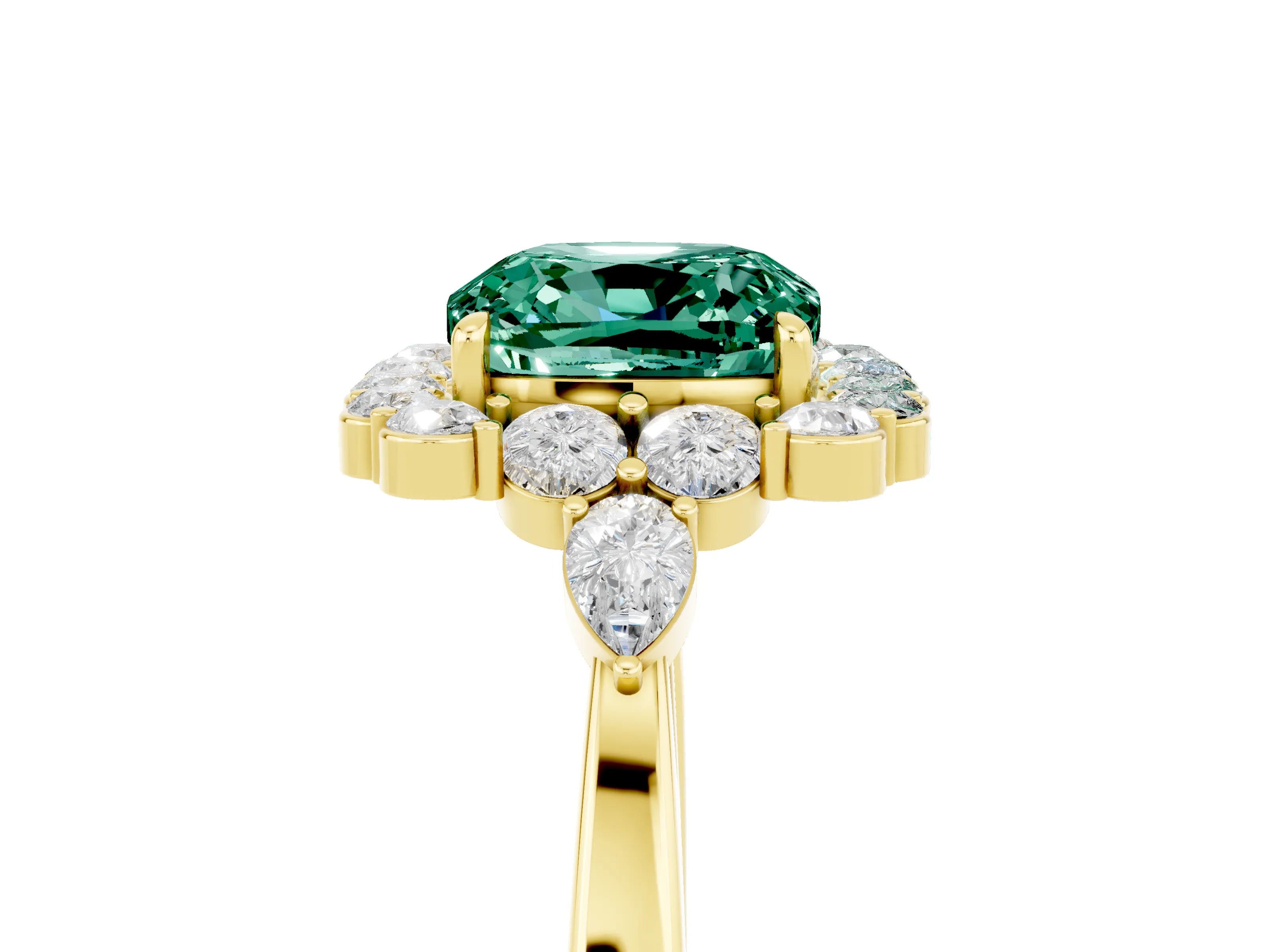 Yellow gold Cushion Cut Green Sapphire Halo Ring with Pear Side Stones and Prong Setting_17