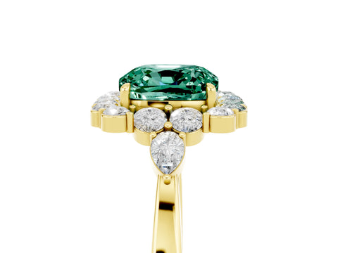 Yellow gold Cushion Cut Green Sapphire Halo Ring with Pear Side Stones and Prong Setting_17