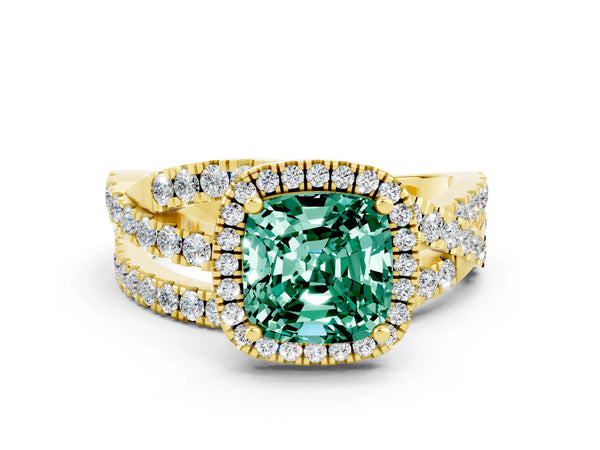 Yellow gold Cushion Cut Green Sapphire Halo Ring with Round Split Shank and Prong Setting