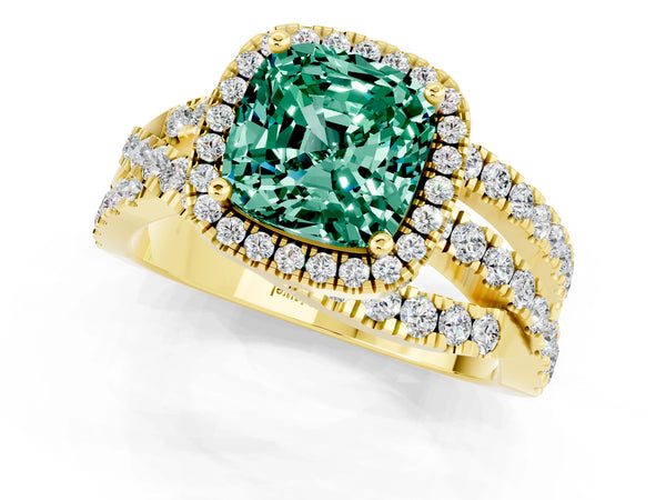 Yellow gold Cushion Cut Green Sapphire Halo Ring with Round Split Shank and Prong Setting