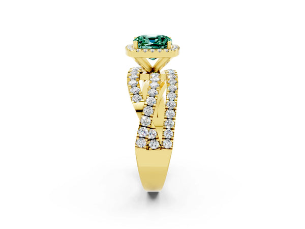 Yellow gold Cushion Cut Green Sapphire Halo Ring with Round Split Shank and Prong Setting