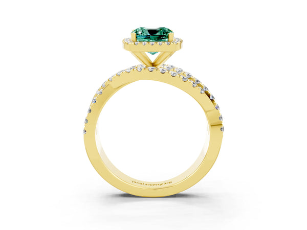 Yellow gold Cushion Cut Green Sapphire Halo Ring with Round Split Shank and Prong Setting