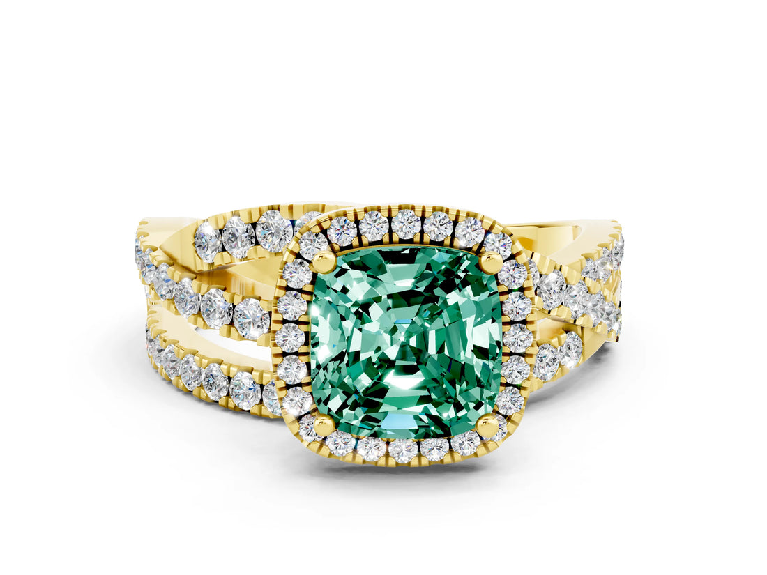 Yellow gold Cushion Cut Green Sapphire Halo Ring with Round Split Shank and Prong Setting_48
