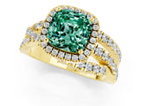Yellow gold Cushion Cut Green Sapphire Halo Ring with Round Split Shank and Prong Setting_49