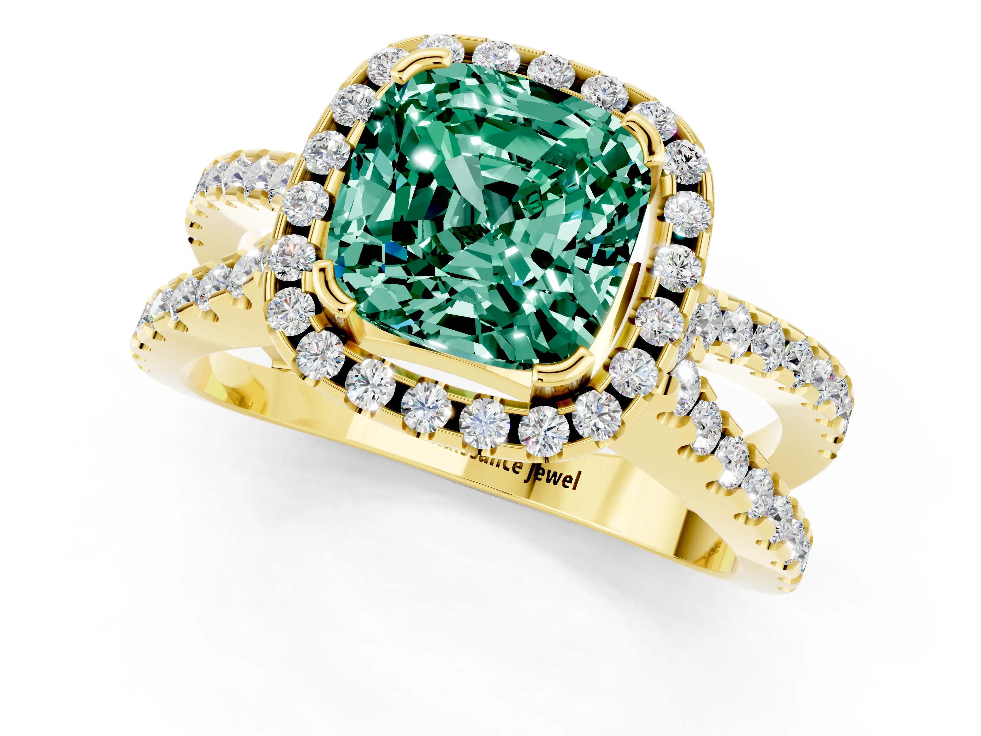 Yellow gold Cushion Cut Green Sapphire Halo Ring with Split Shank Pavé Band and Prong Setting_1