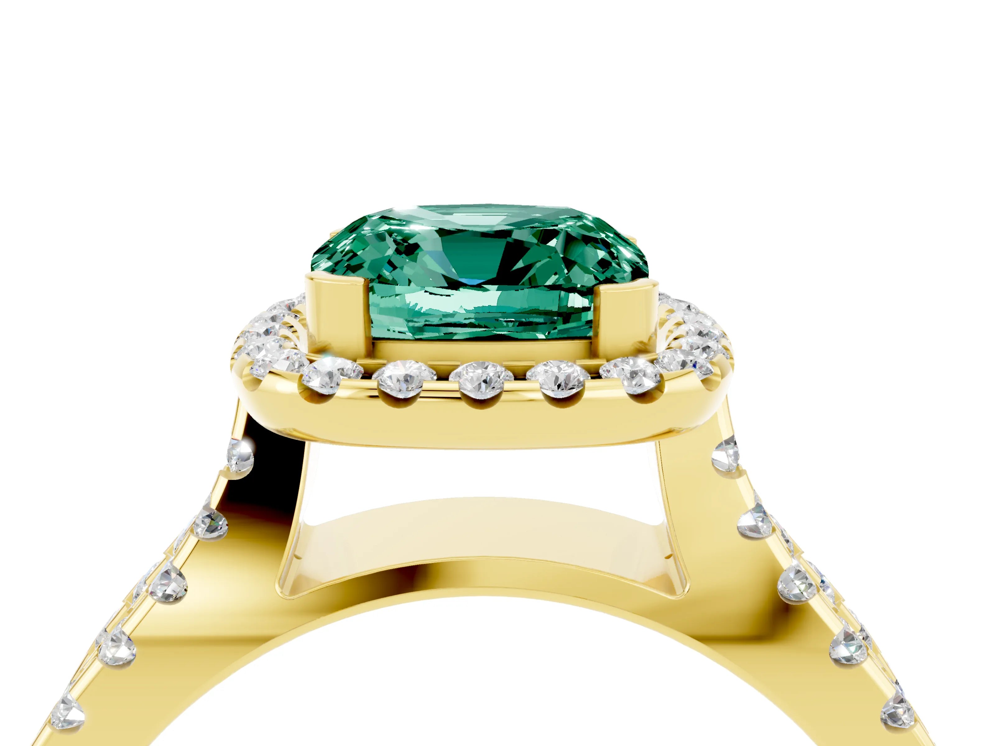 Yellow gold Cushion Cut Green Sapphire Halo Ring with Split Shank Pavé Band and Prong Setting_4