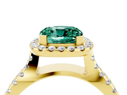 Yellow gold Cushion Cut Green Sapphire Halo Ring with Split Shank Pavé Band and Prong Setting_4