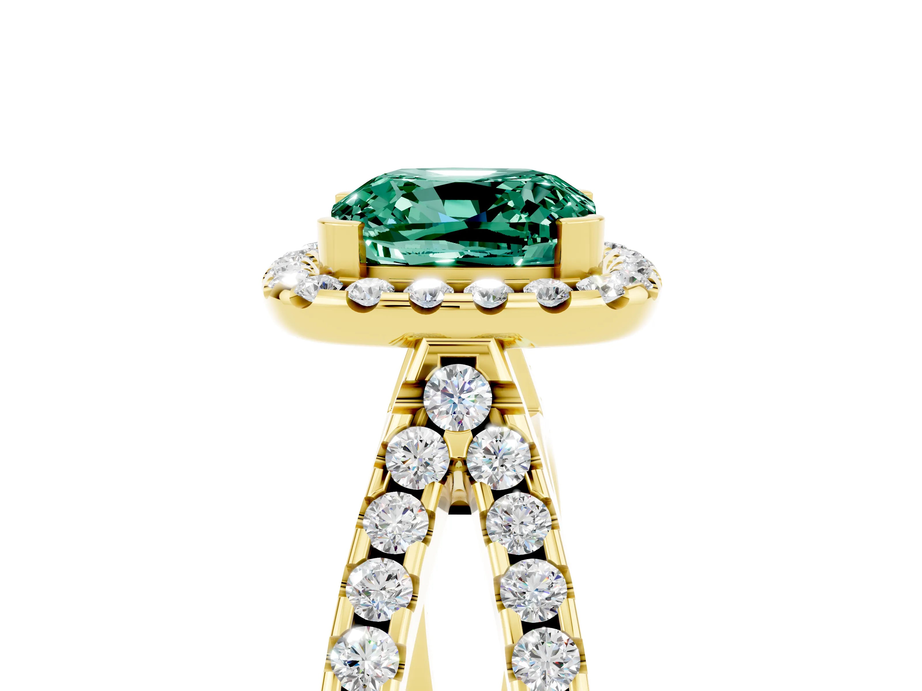 Yellow gold Cushion Cut Green Sapphire Halo Ring with Split Shank Pavé Band and Prong Setting_5