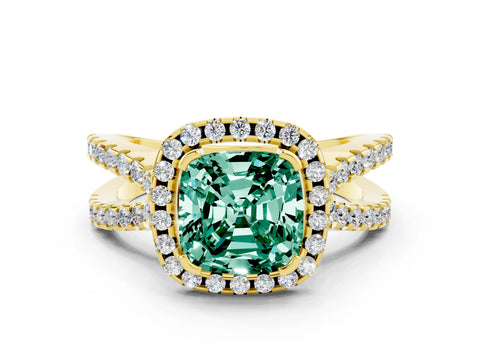 Yellow gold Cushion Cut Green Sapphire Halo Ring with Split Shank Pavé Band and Prong Setting