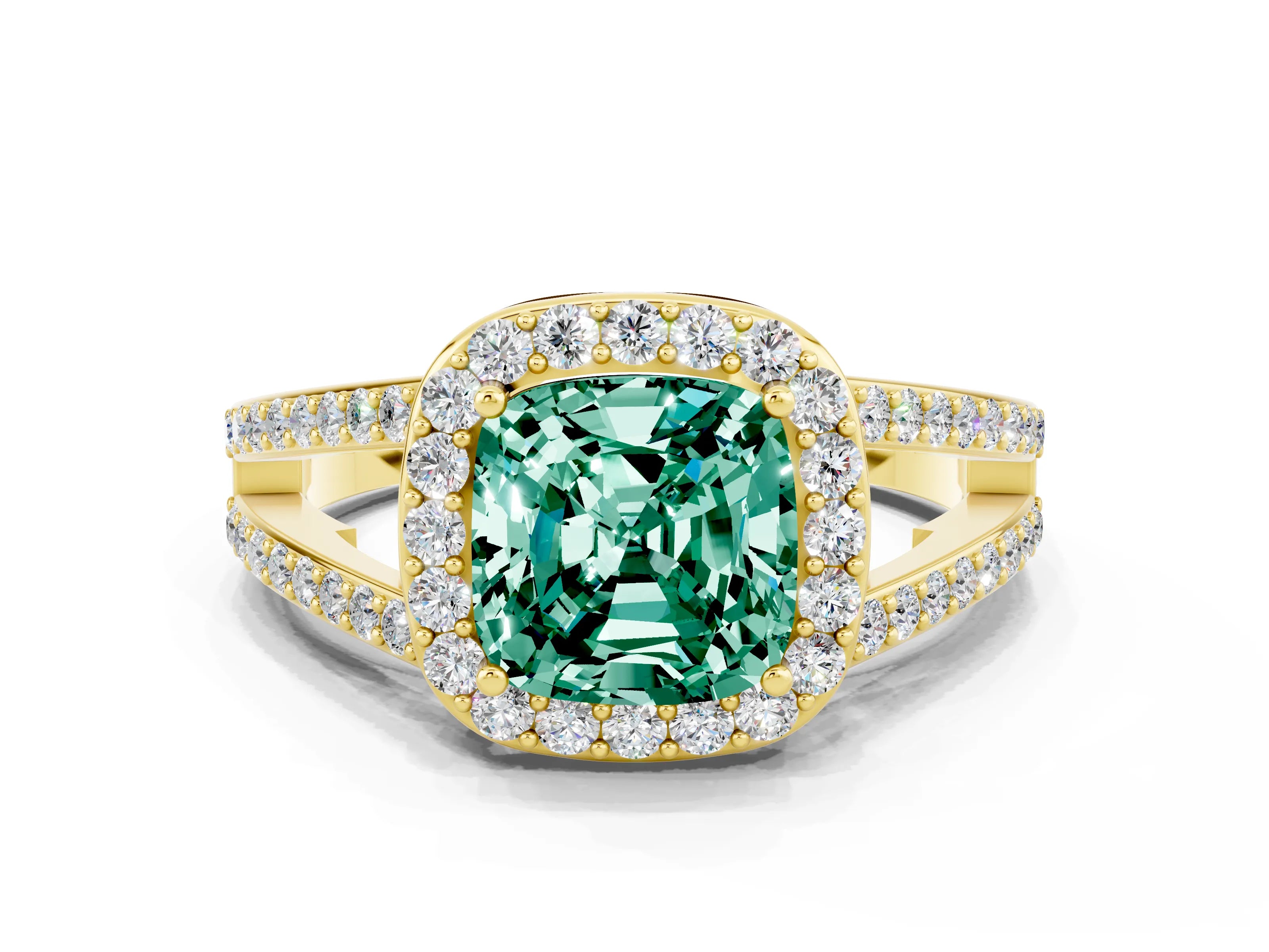 Yellow gold Cushion Cut Green Sapphire Halo Ring with Split Shank U-Prong Band and Four-Prong Setting
