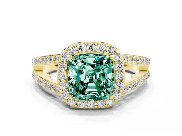 Yellow gold Cushion Cut Green Sapphire Halo Ring with Split Shank U-Prong Band and Four-Prong Setting