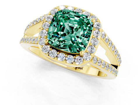 Yellow gold Cushion Cut Green Sapphire Halo Ring with Split Shank U-Prong Band and Four-Prong Setting_1