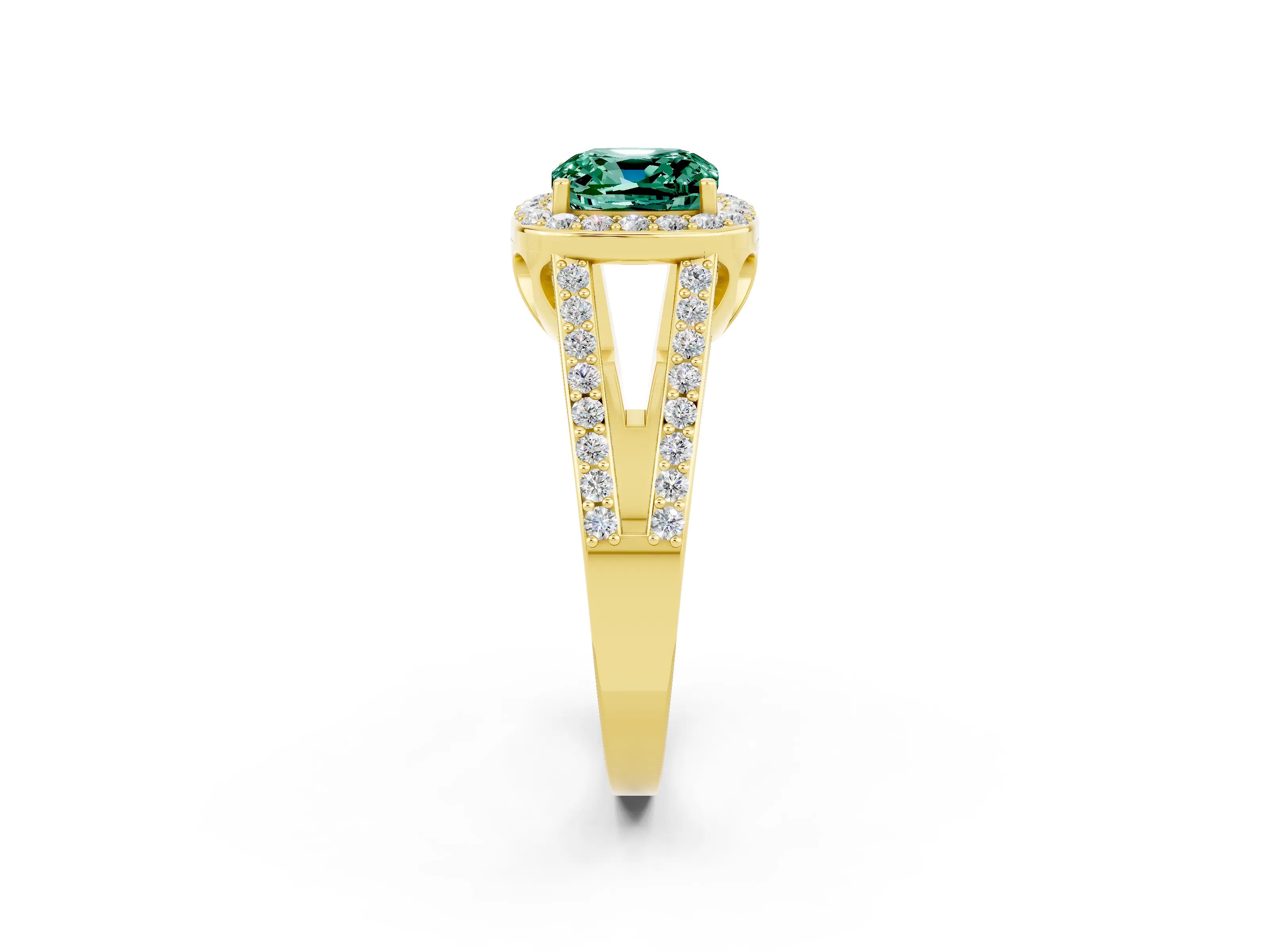 Yellow gold Cushion Cut Green Sapphire Halo Ring with Split Shank U-Prong Band and Four-Prong Setting_2