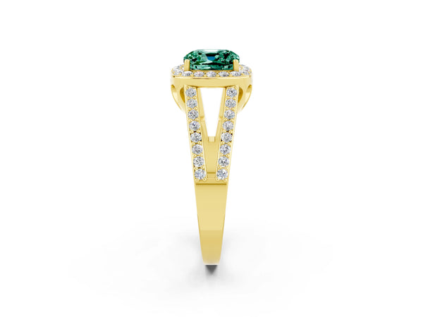 Yellow gold Cushion Cut Green Sapphire Halo Ring with Split Shank U-Prong Band and Four-Prong Setting