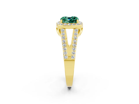 Yellow gold Cushion Cut Green Sapphire Halo Ring with Split Shank U-Prong Band and Four-Prong Setting_2