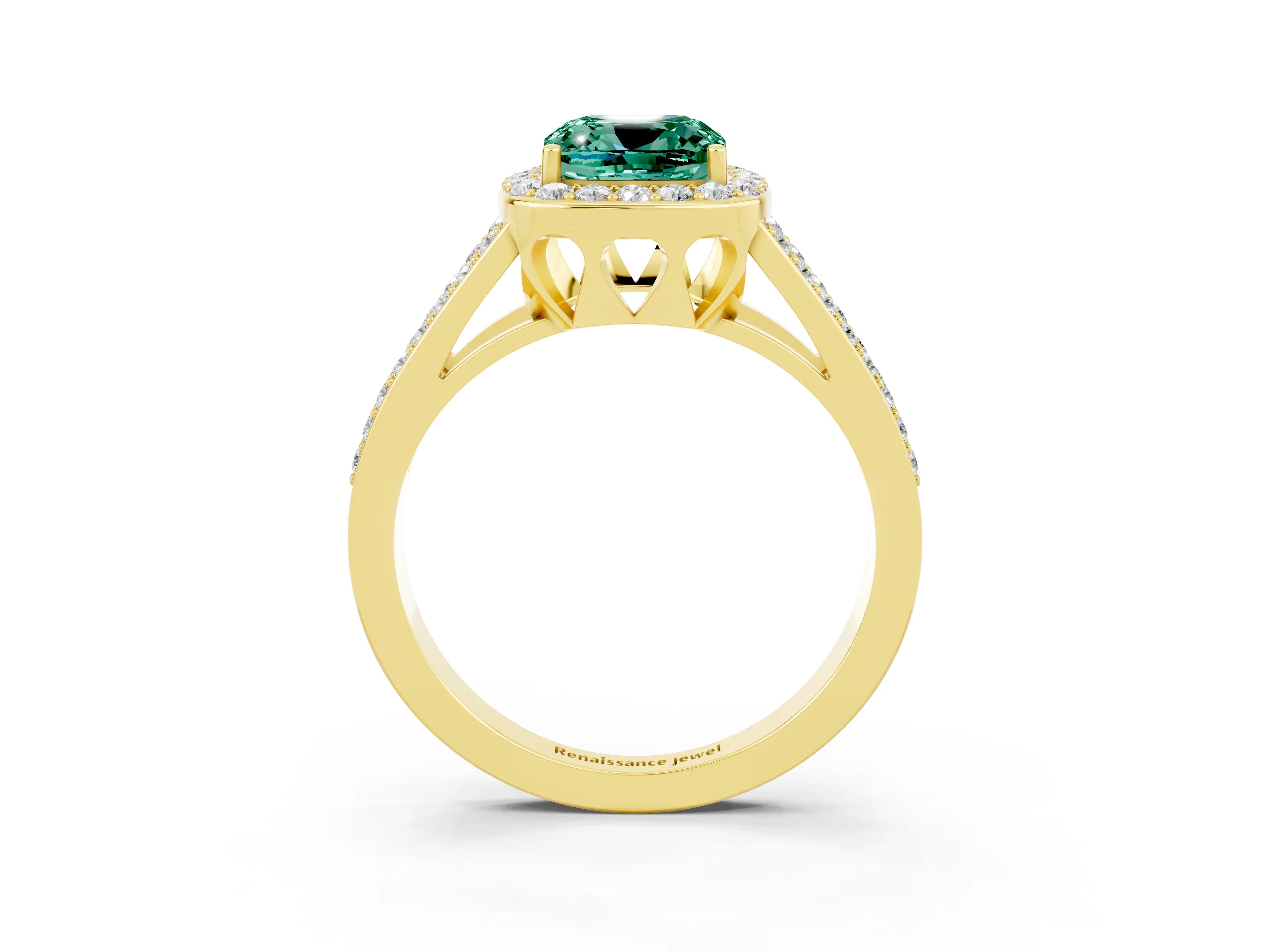 Yellow gold Cushion Cut Green Sapphire Halo Ring with Split Shank U-Prong Band and Four-Prong Setting_3