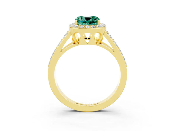 Yellow gold Cushion Cut Green Sapphire Halo Ring with Split Shank U-Prong Band and Four-Prong Setting