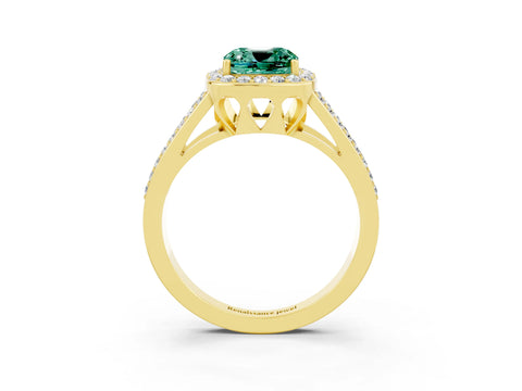 Yellow gold Cushion Cut Green Sapphire Halo Ring with Split Shank U-Prong Band and Four-Prong Setting_3