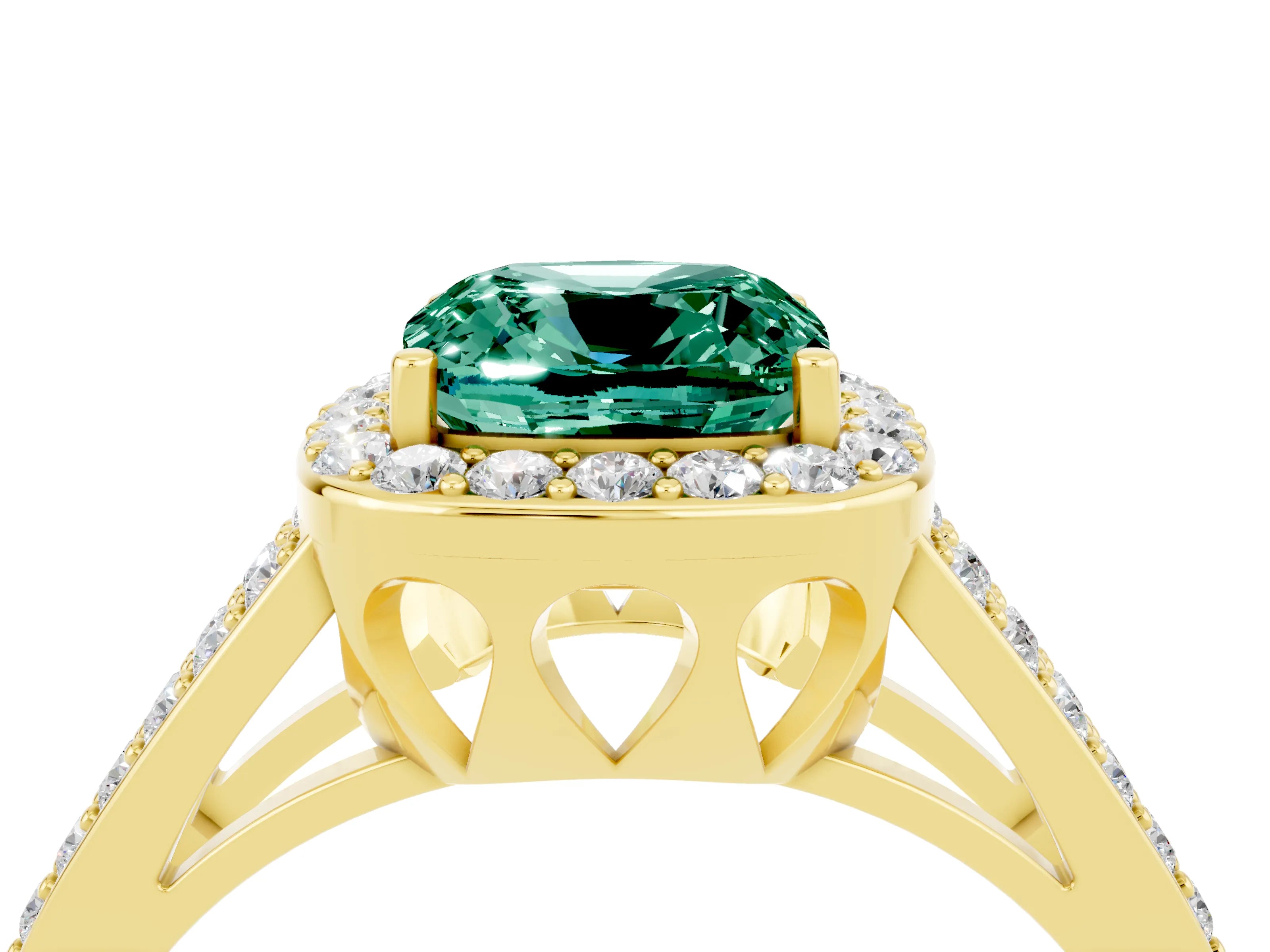 Yellow gold Cushion Cut Green Sapphire Halo Ring with Split Shank U-Prong Band and Four-Prong Setting_4