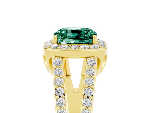 Yellow gold Cushion Cut Green Sapphire Halo Ring with Split Shank U-Prong Band and Four-Prong Setting_5