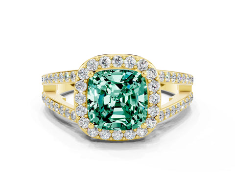 Yellow gold Cushion Cut Green Sapphire Halo Ring with Split Shank U-Prong Band and Four-Prong Setting