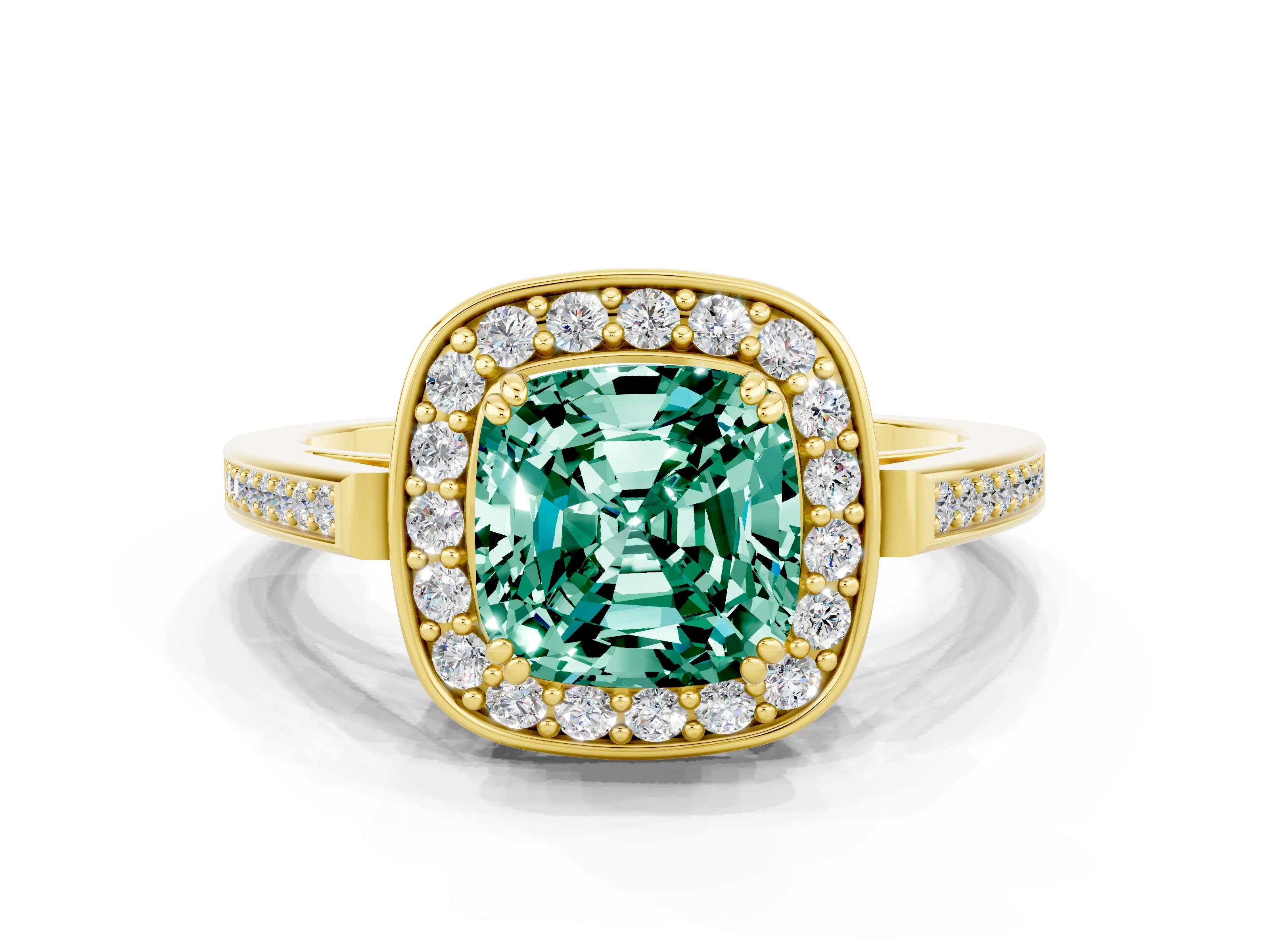 Yellow gold Cushion Cut Green Sapphire Halo Ring with Split Shank and Four-Prong Setting