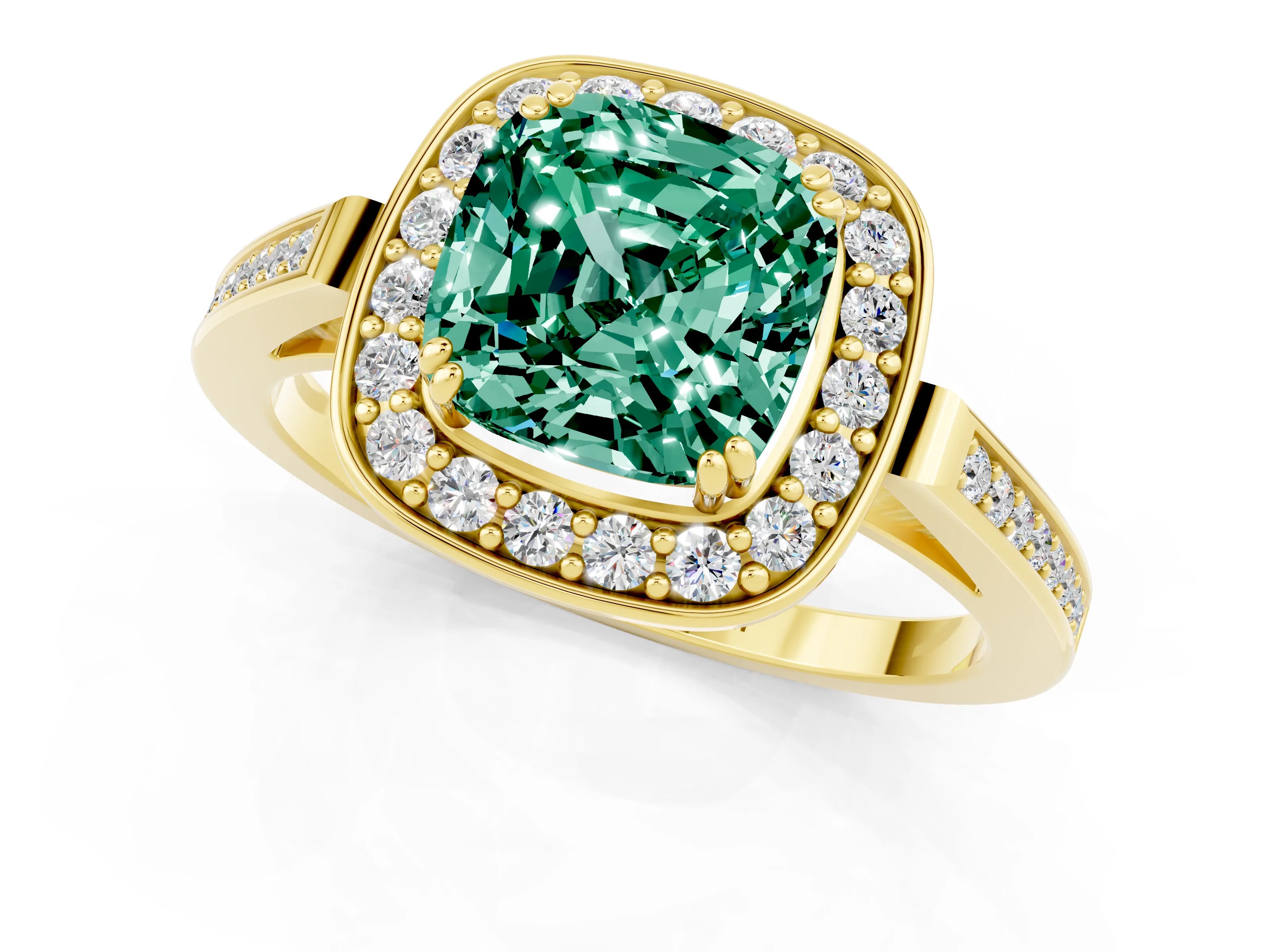 Yellow gold Cushion Cut Green Sapphire Halo Ring with Split Shank and Four-Prong Setting_1