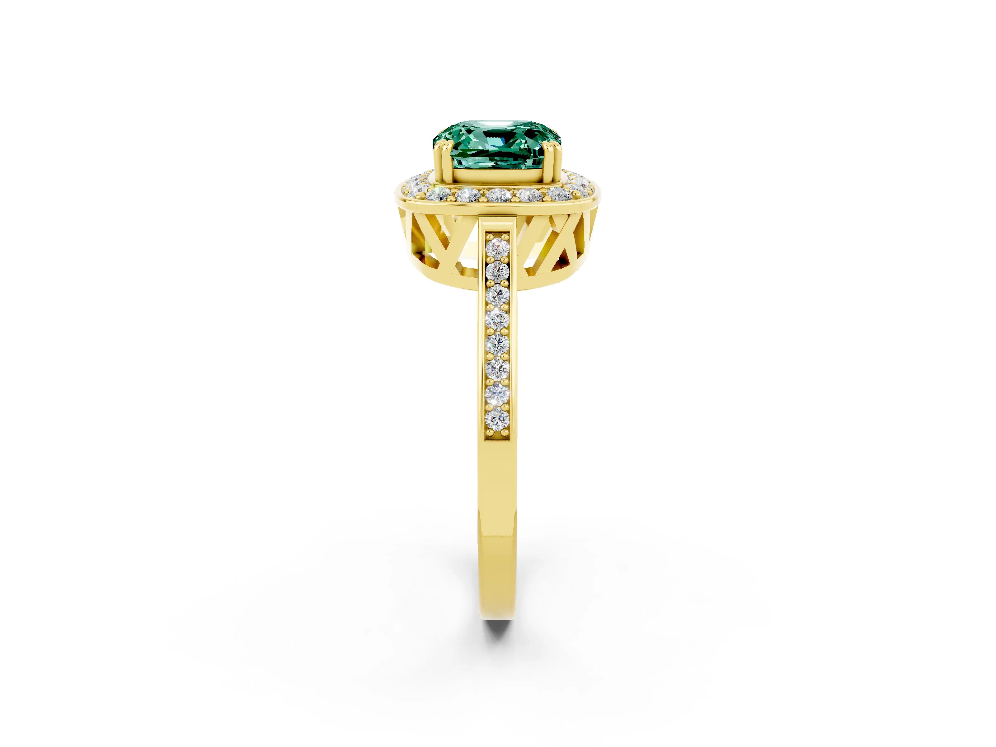 Yellow gold Cushion Cut Green Sapphire Halo Ring with Split Shank and Four-Prong Setting_2