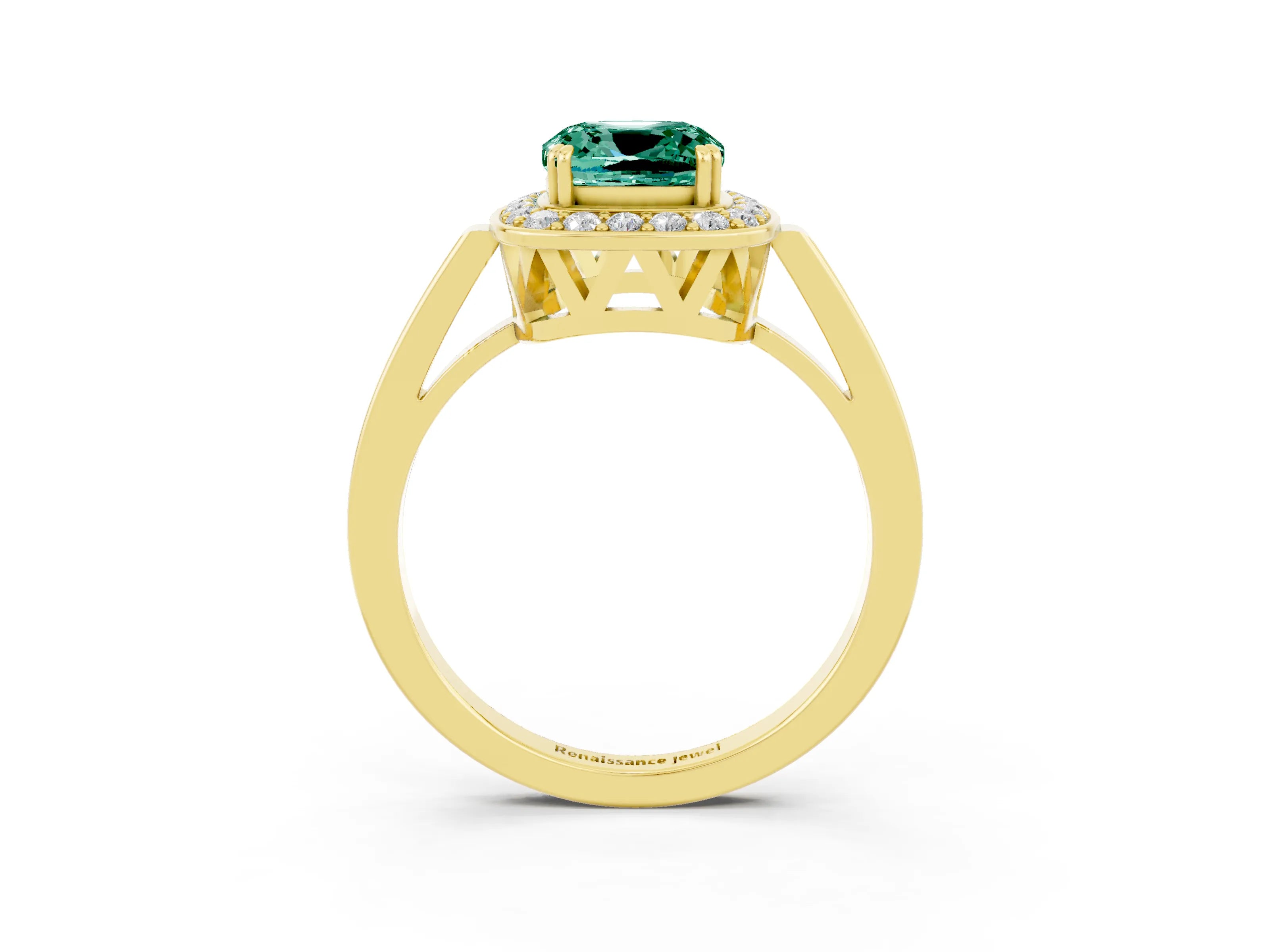 Yellow gold Cushion Cut Green Sapphire Halo Ring with Split Shank and Four-Prong Setting_3