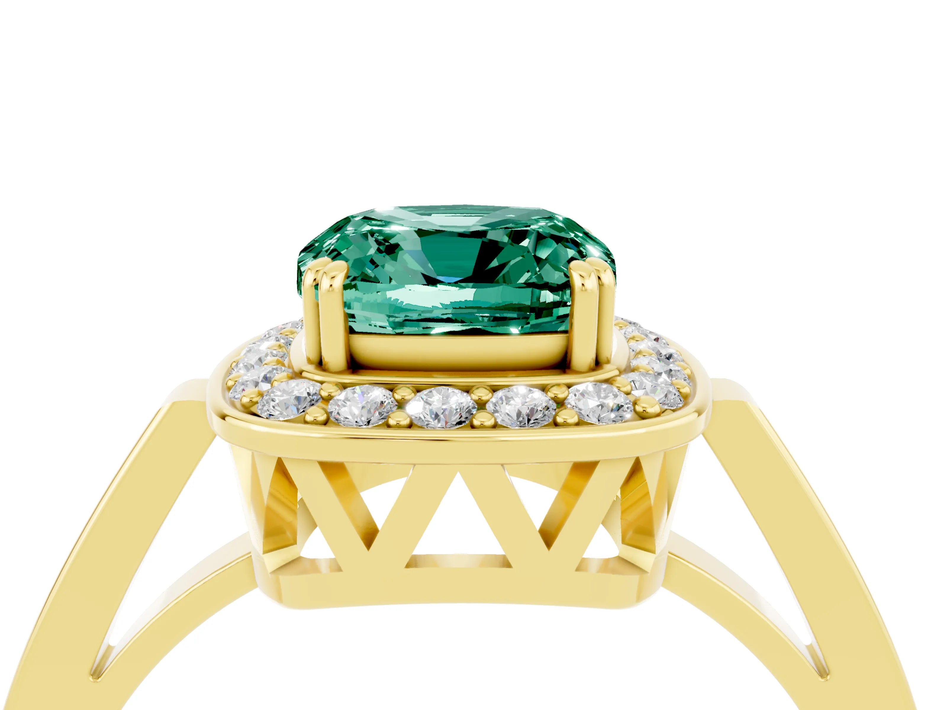 Yellow gold Cushion Cut Green Sapphire Halo Ring with Split Shank and Four-Prong Setting_4