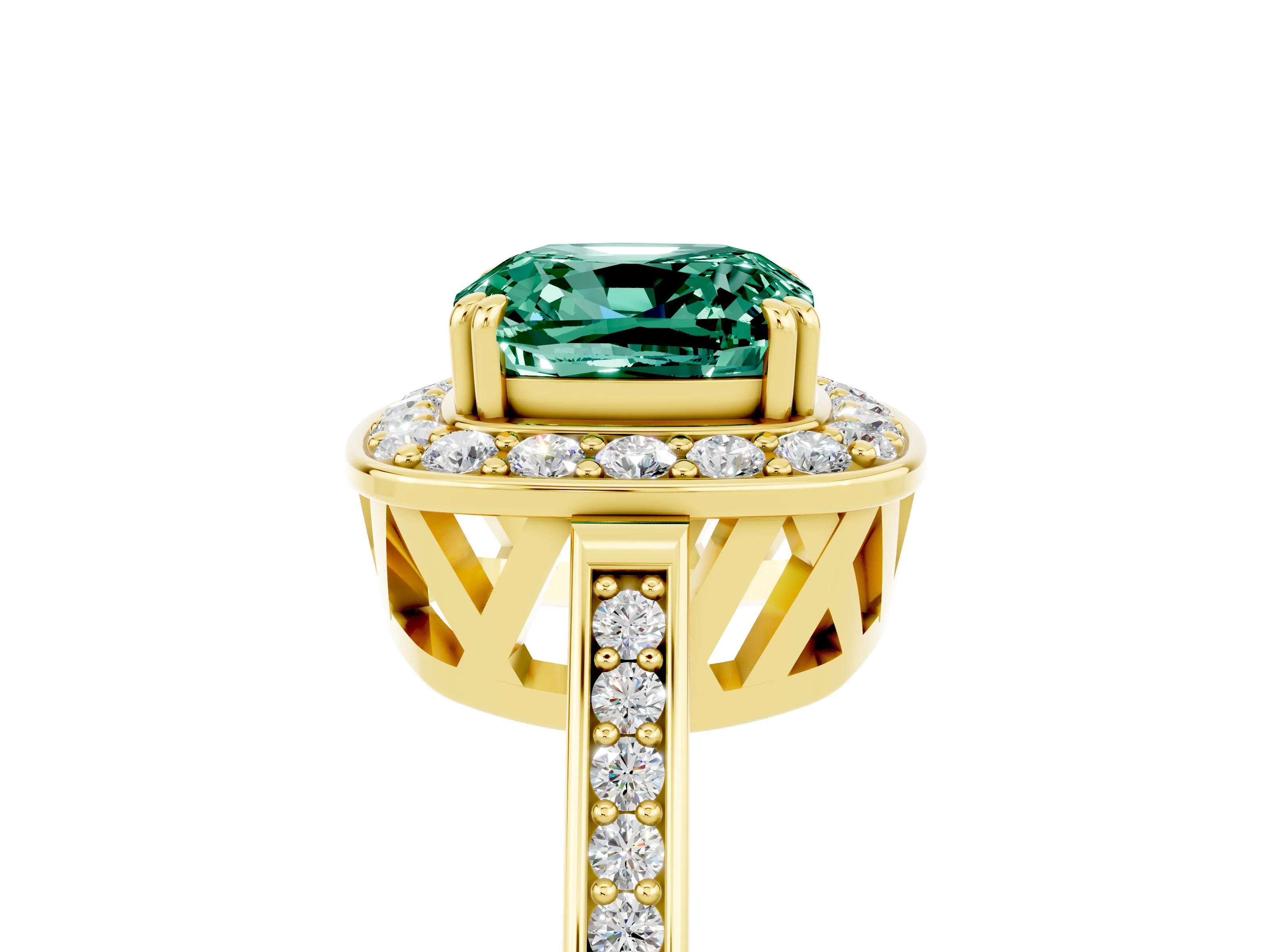Yellow gold Cushion Cut Green Sapphire Halo Ring with Split Shank and Four-Prong Setting_5