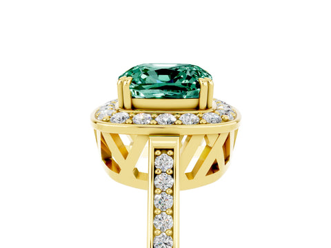 Yellow gold Cushion Cut Green Sapphire Halo Ring with Split Shank and Four-Prong Setting_5