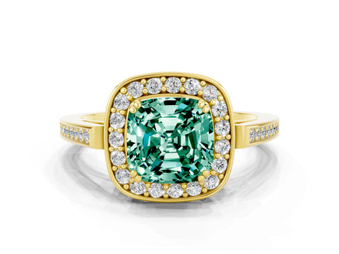 Yellow gold Cushion Cut Green Sapphire Halo Ring with Split Shank and Four-Prong Setting