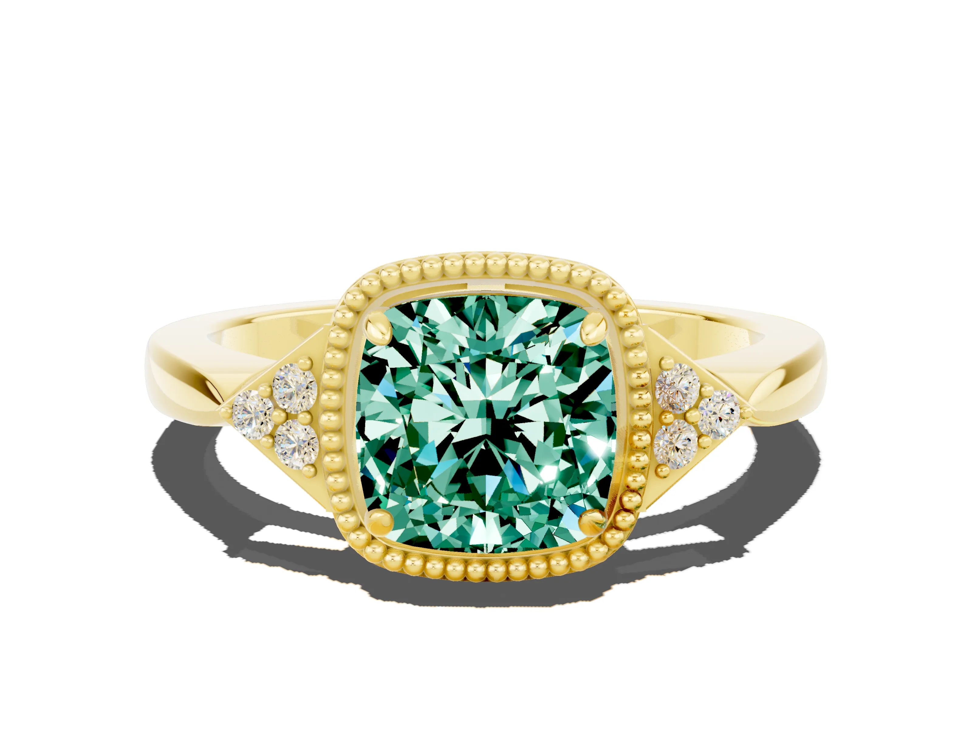 Yellow gold Cushion Cut Green Sapphire Halo Ring with Tapered Band and Four-Prong Setting