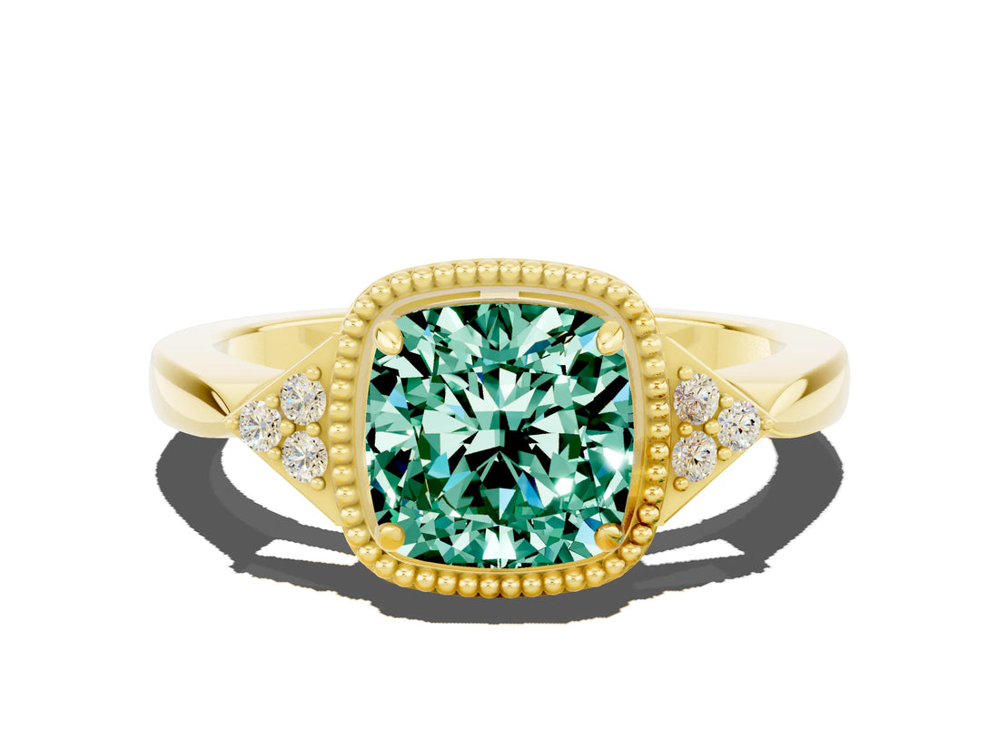 Yellow gold Cushion Cut Green Sapphire Halo Ring with Tapered Band and Four-Prong Setting