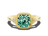 Yellow gold Cushion Cut Green Sapphire Halo Ring with Tapered Band and Four-Prong Setting