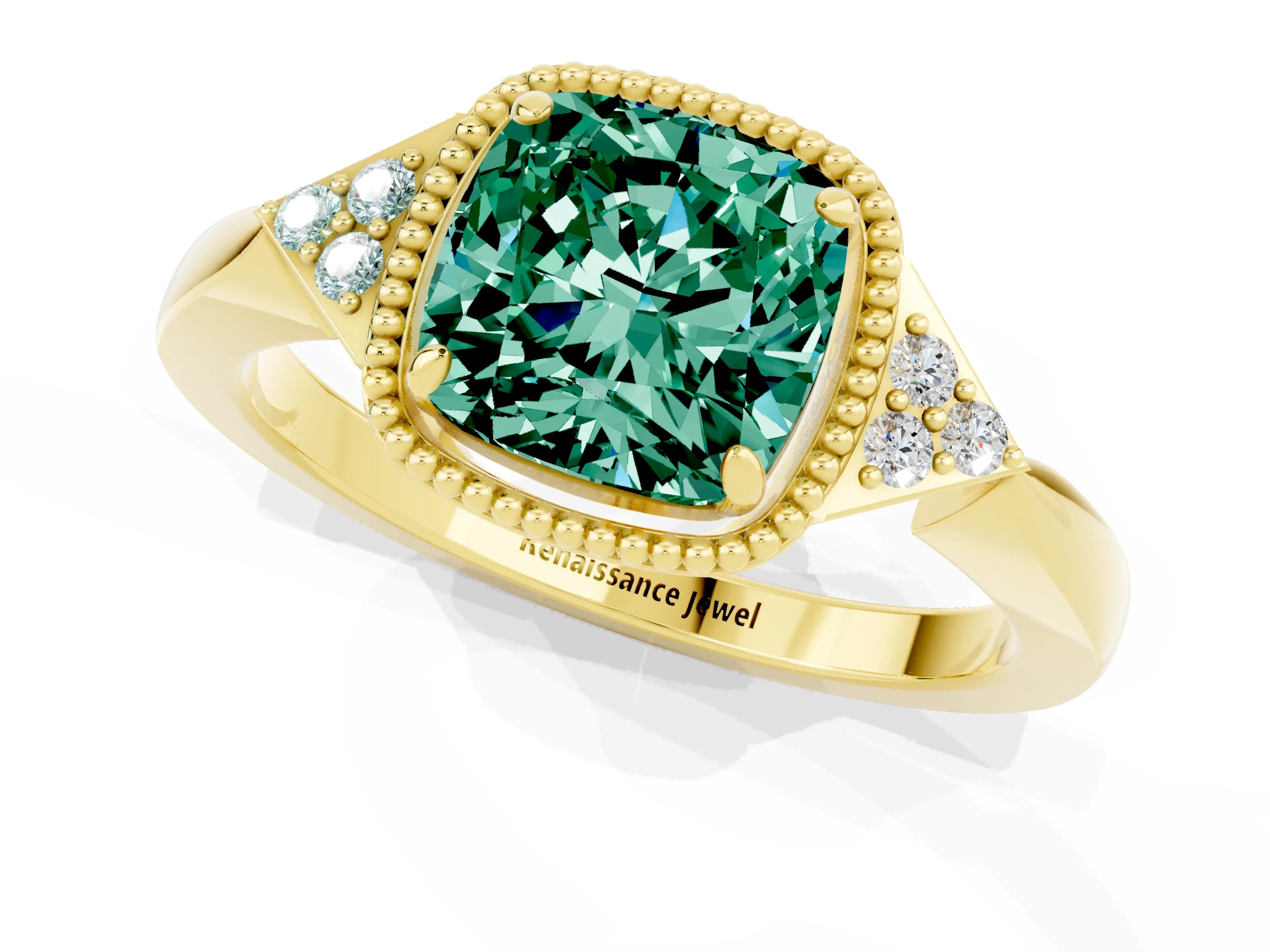 Yellow gold Cushion Cut Green Sapphire Halo Ring with Tapered Band and Four-Prong Setting_1