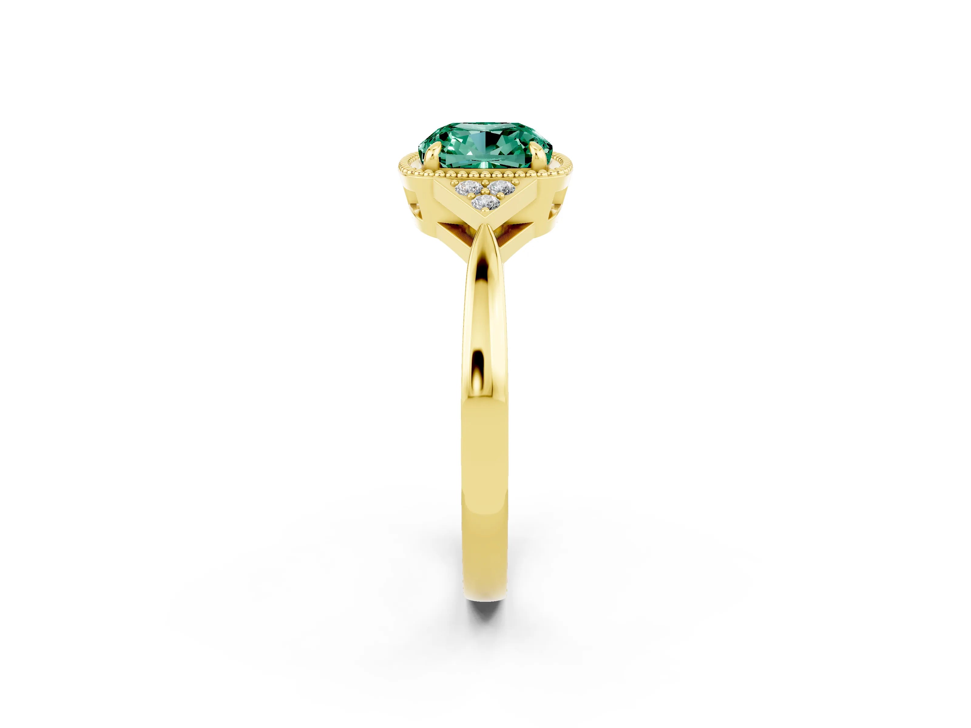 Yellow gold Cushion Cut Green Sapphire Halo Ring with Tapered Band and Four-Prong Setting_2