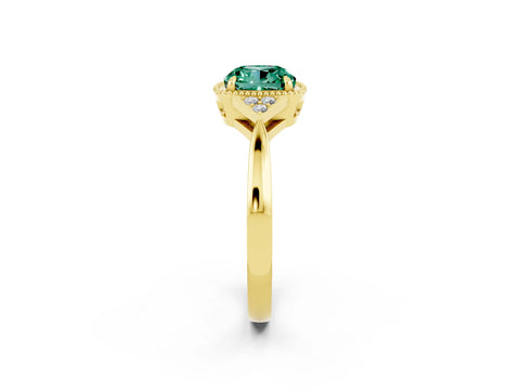 Yellow gold Cushion Cut Green Sapphire Halo Ring with Tapered Band and Four-Prong Setting_2