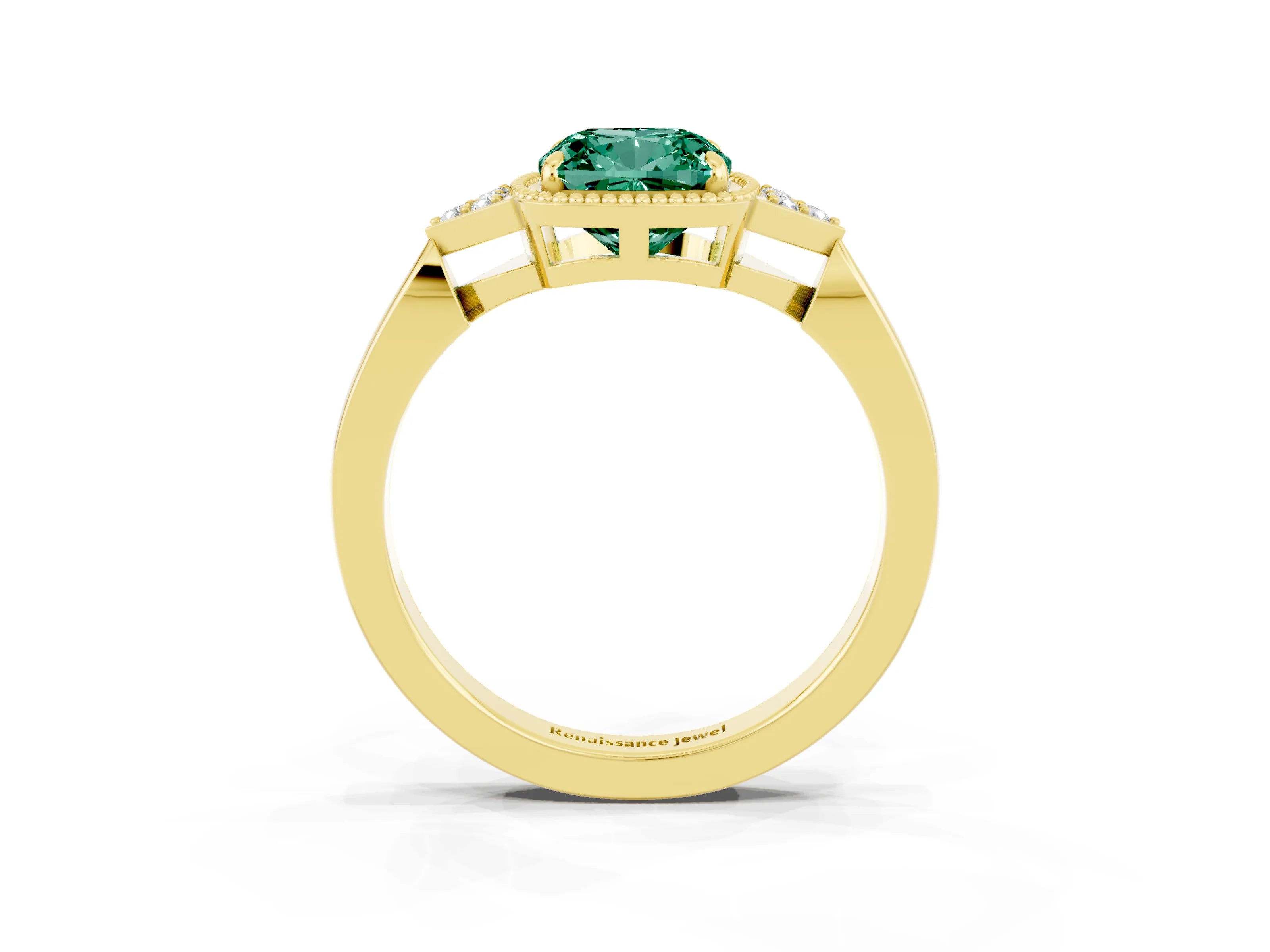 Yellow gold Cushion Cut Green Sapphire Halo Ring with Tapered Band and Four-Prong Setting_3
